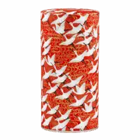 Photo de la grande boîte à thé - Iris sibérien : papier washi trainée de jaune orangé, cygnes, fondrouge brique, style japonais. Boîte ronde