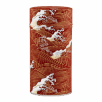 Photo de la grande boîte à thé - Laitue d'eau : papier washi, boîte rouge décoré de vagues à l'esthétique japonaise. Boîte ronde, couvercle intérieur métallisé.