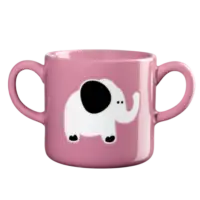 Tasse enfant ASA - Eléphant - Deux anses sur les côtés, vieux rose, avec une illustration d'éléphant blanc, oreilles et pieds noirs.