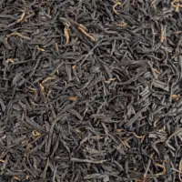 Photo du thé noir Panyong Nid doré BIO. Les feuilles sont fines, longues et légèrement torsadées d'un noir profond parsemé de quelques bourgeons bien dorés.