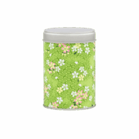 Photo de la petite boîte à thé - Chèvrefeuille : papier washi vert clair, petites fleurs roses, jaunes et blanches Boîte ronde, couvercle gris métallisé.