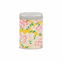 Photo de la petite boîte à thé - Begonia : papier washi jaune et petites fleurs rose, petites fleurs roses et blanches. Boîte ronde, couvercle gris métallisé.