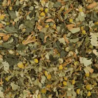 Tisane Jardin nocturne BIO : Camomille, mélisse, fleurs d'oranger, tilleul. Feuilles coupées assez finement.